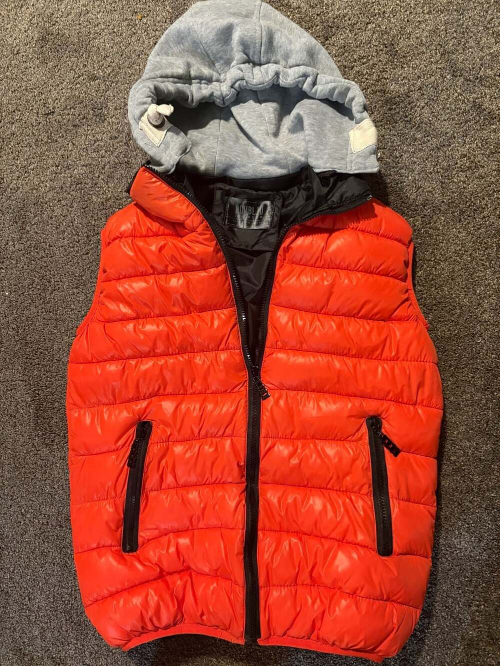 Doublju J Thomson Orange Glossy Puffer Vest With Grey Hoodie
